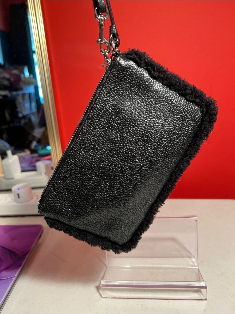 Coach Black Pebbled Leather Shearling-Trim Wristlet - Picture 4 of 14